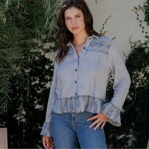 Elegant Gray and Blue Ruffled Blouse